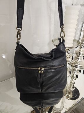 Fat Face Black Leather Shoulder Bag with Front Zip
